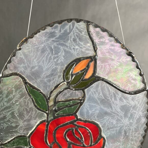 Handmade Stained Glass Red Rose w/Bud Window Hanger 9x7” VTG Floral Panel - Picture 2 of 7